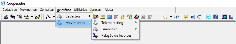 Menu Relatórios expandido, submenu Movimentos selecionado, com as opções: Telemarketing, Financeiro, Relação de Invoices; menu também exibe a opção Cadastros no nível superior