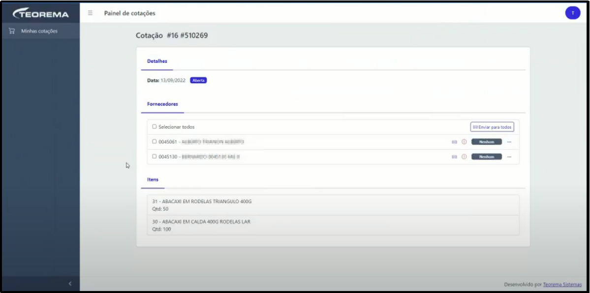 Tela Cotação #16 #510269 no Painel de Cotações com seção Fornecedores listando dois fornecedores (0045061 e 0045130) e seção Itens com "31 - ABACAXI EM RODELAS TRIANGULO 400G Qtd: 50" e "30 - ABACAXI EM CALDA 400G RODELAS LAR Qtd: 100"