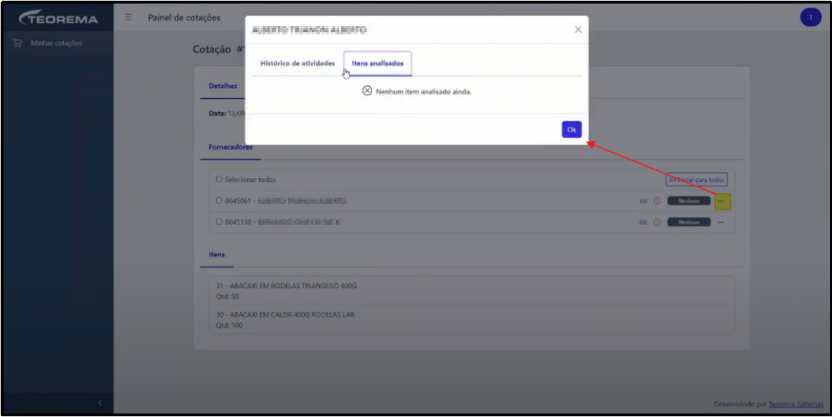 Modal com título do fornecedor exibindo abas "Histórico de atividades" e "Itens analisados"; aba Itens analisados ativa com mensagem "Nenhum item analisado ainda" e botão Ok