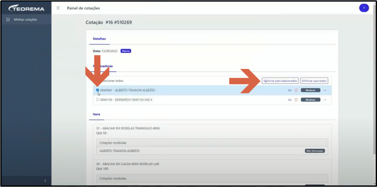 Tela Cotação #16 #510269 com checkbox do fornecedor 0045061 marcado; botões "Enviar para selecionados" e "Enviar para todos" destacados; seção Itens mostra cotações recebidas com status "Não informado"