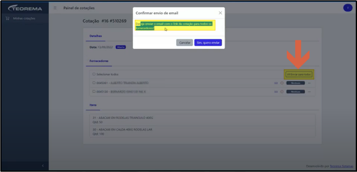 Modal "Confirmar envio de email" com mensagem de confirmação para todos os fornecedores e botão "Enviar para todos" destacado na tela ao fundo; botões Cancelar e "Sim, quero enviar"