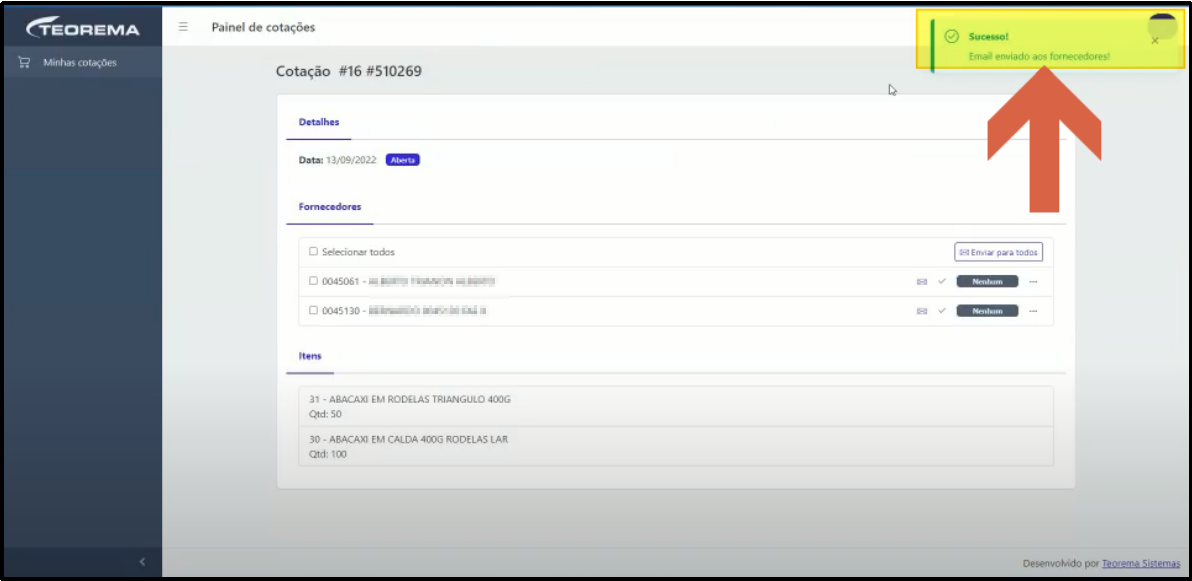 Tela Cotação #16 #510269 com notificação de sucesso "Email enviado aos fornecedores!" no canto superior direito