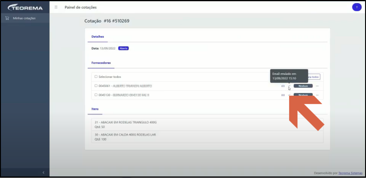 Tela Cotação #16 #510269 com tooltip "Email enviado em 13/09/2022 15:10" exibido sobre o ícone de e-mail do fornecedor 0045130; ambos os fornecedores mostram marca de e-mail enviado
