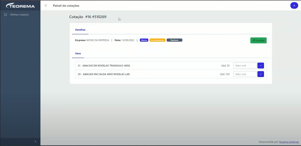 Tela da cotação no Painel de Cotações exibindo empresa NOME DA EMPRESA, data 13/09/2022, indicadores de status Aberta, Em andamento e Nenhum, e grade de itens com campos Valor unit. para preenchimento