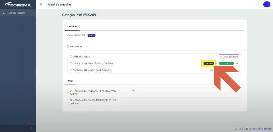 Tela Cotação #16 #510269 com fornecedor 0045061 exibindo status "Concluída" e indicador 2/2; fornecedor 0045130 ainda sem resposta