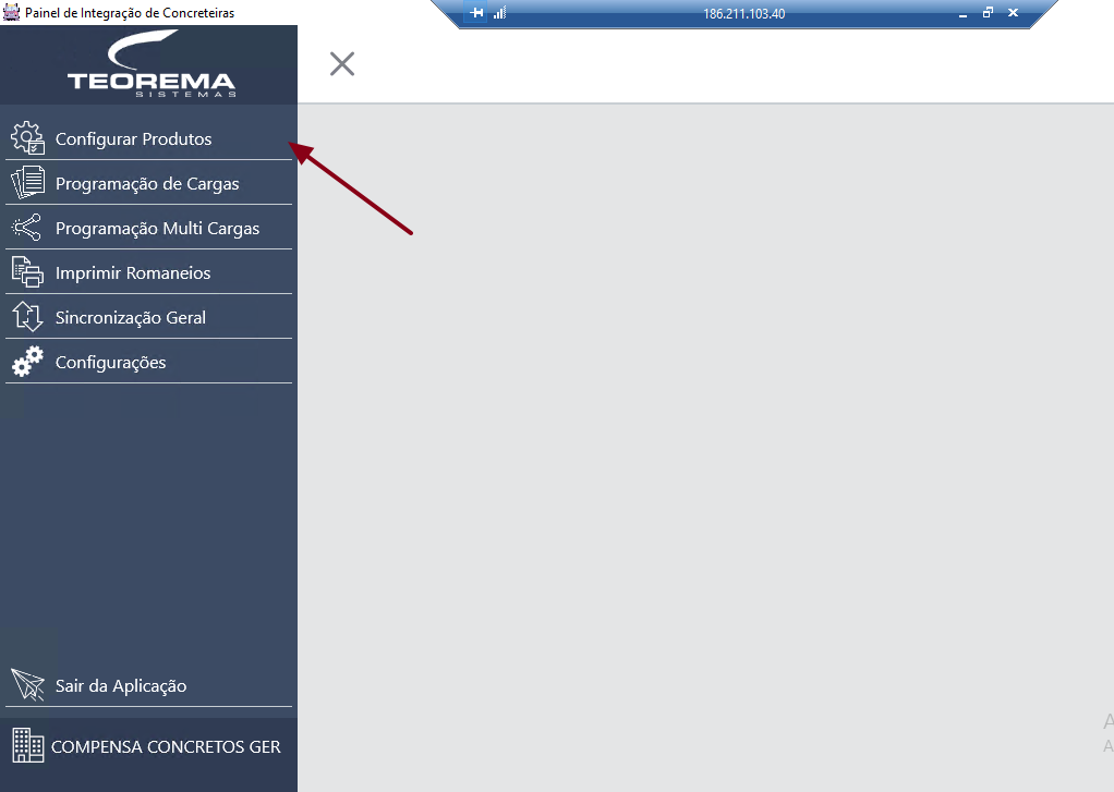 Painel de Integração de Concreteiras com o menu lateral exibindo as opções Configurar Produtos, Programação de Cargas, Programação Multi Cargas, Imprimir Romaneios, Sincronização Geral e Configurações; opção Configurar Produtos destacada