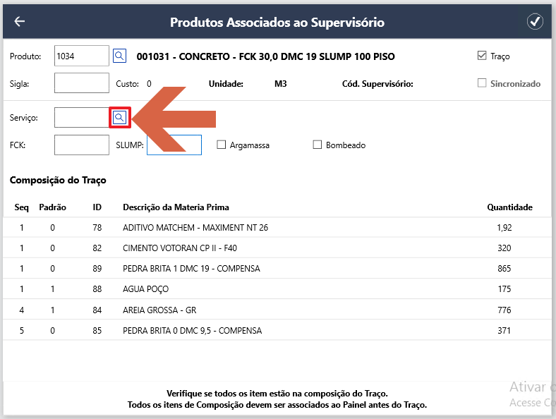 Tela Produtos Associados ao Supervisório com o produto 001031 carregado, campo Serviço em branco e botão de lupa para busca do serviço destacado