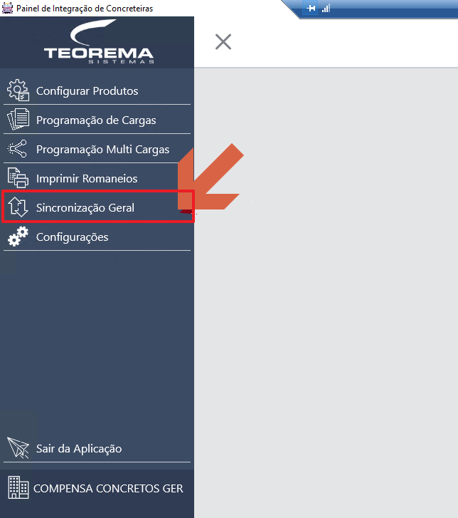 Painel de Integração de Concreteiras com o menu lateral e a opção Sincronização Geral destacada