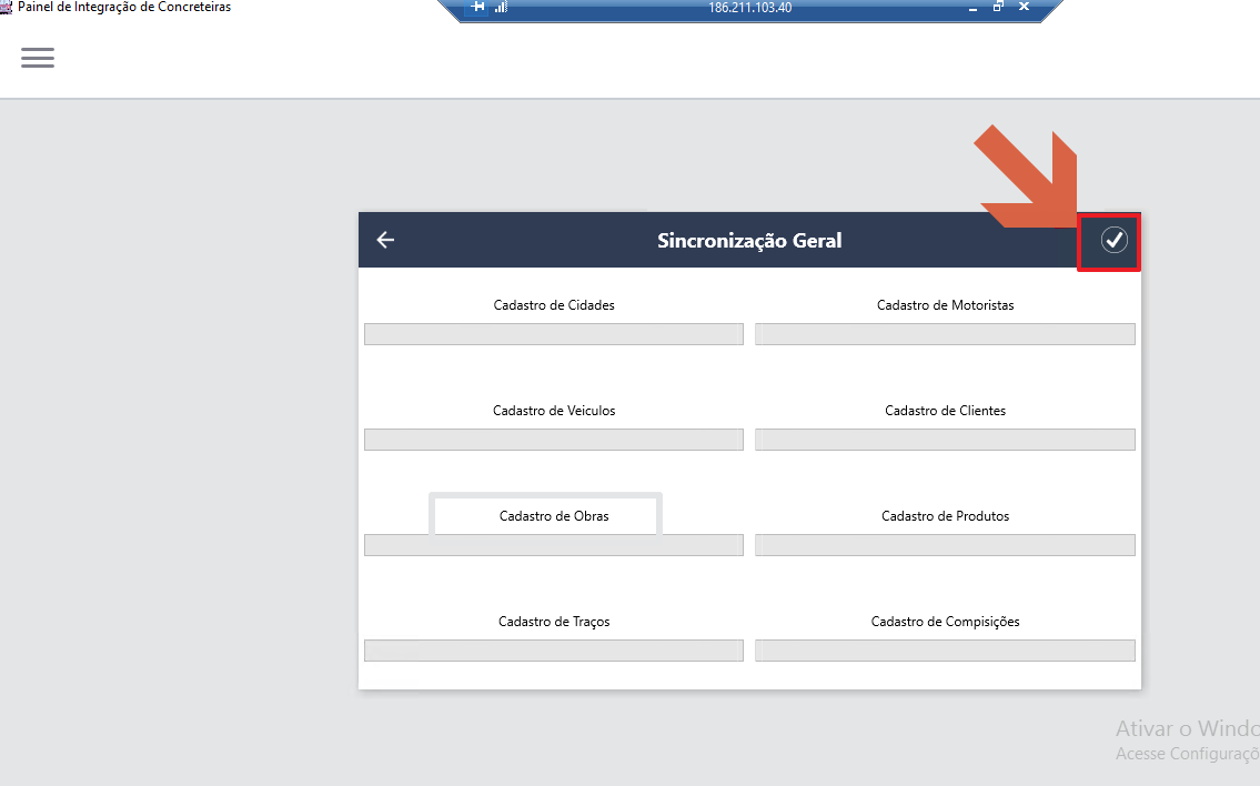 Tela Sincronização Geral exibindo categorias Cadastro de Cidades, Cadastro de Motoristas, Cadastro de Veículos, Cadastro de Clientes, Cadastro de Obras, Cadastro de Produtos, Cadastro de Traços e Cadastro de Composições, com botão de confirmação no canto superior direito em destaque