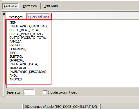 IB — aba "Query columns" com lista de colunas da consulta e separador vírgula