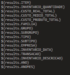 Editor de texto com as variáveis ${results.ITEM}, ${results.INVENTARIO_QUANTIDADE}, ${results.CUSTO_REAL_TOTAL}, ${results.CUSTO_MEDIO_TOTAL}, ${results.CUSTO_PRODUTO_TOTAL}, ${results.FAMILIA}, ${results.GRUPO}, ${results.SUBGRUPO}, ${results.TIPO}, ${results.SUBTIPO}, ${results.EMPRESA}, ${results.INVENTARIO_DATA}, ${results.TRANSACAO}, ${results.INVENTARIO_DESCRICAO}, ${results.ANO}, ${results.ANOMES}