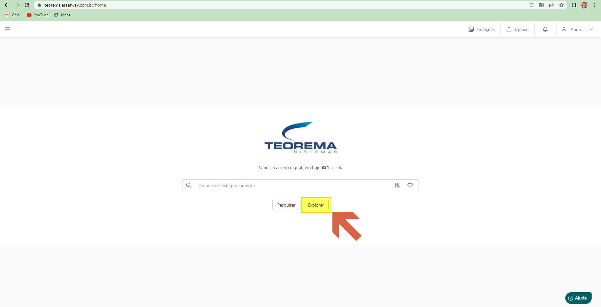 Tela inicial do Assetway com botões Pesquisar e Explorar; botão Explorar destacado