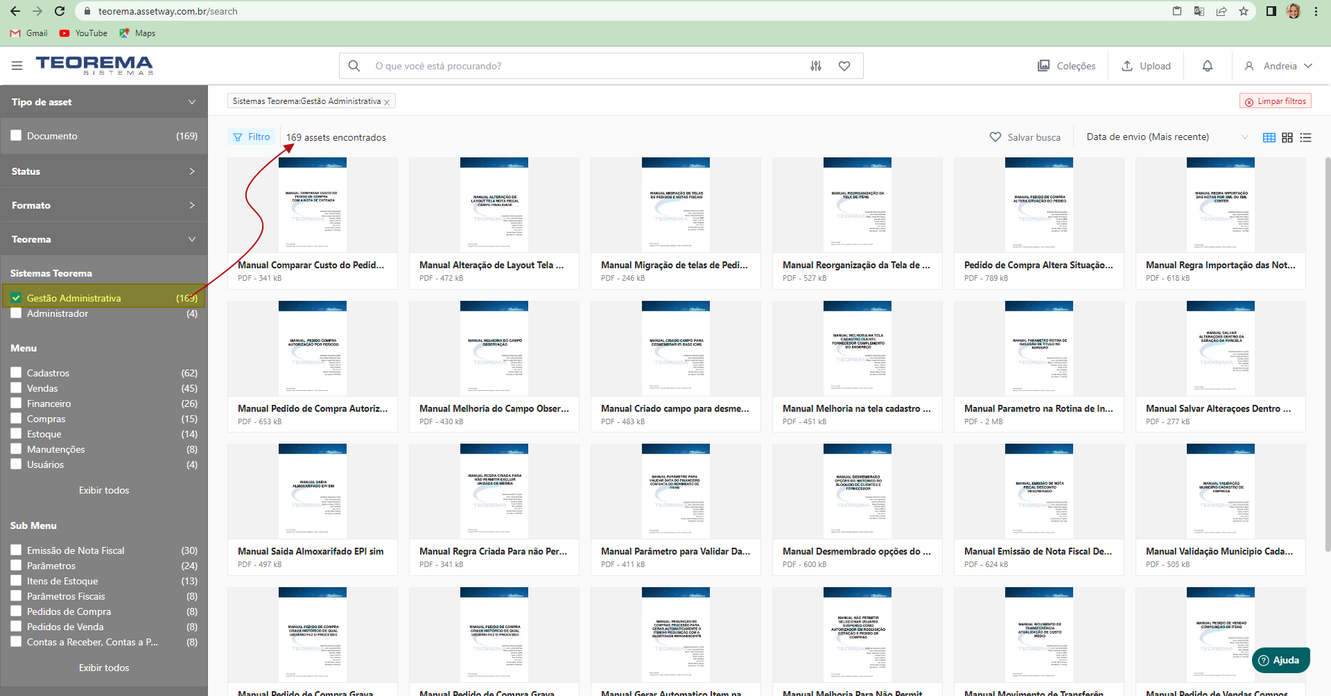 Painel de filtros com módulo "Gestão Administrativa" selecionado e manuais do módulo listados na grade