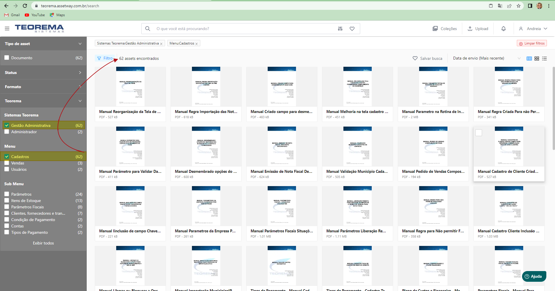 Filtros com módulo e menu "Cadastros" selecionados, resultados filtrados na grade