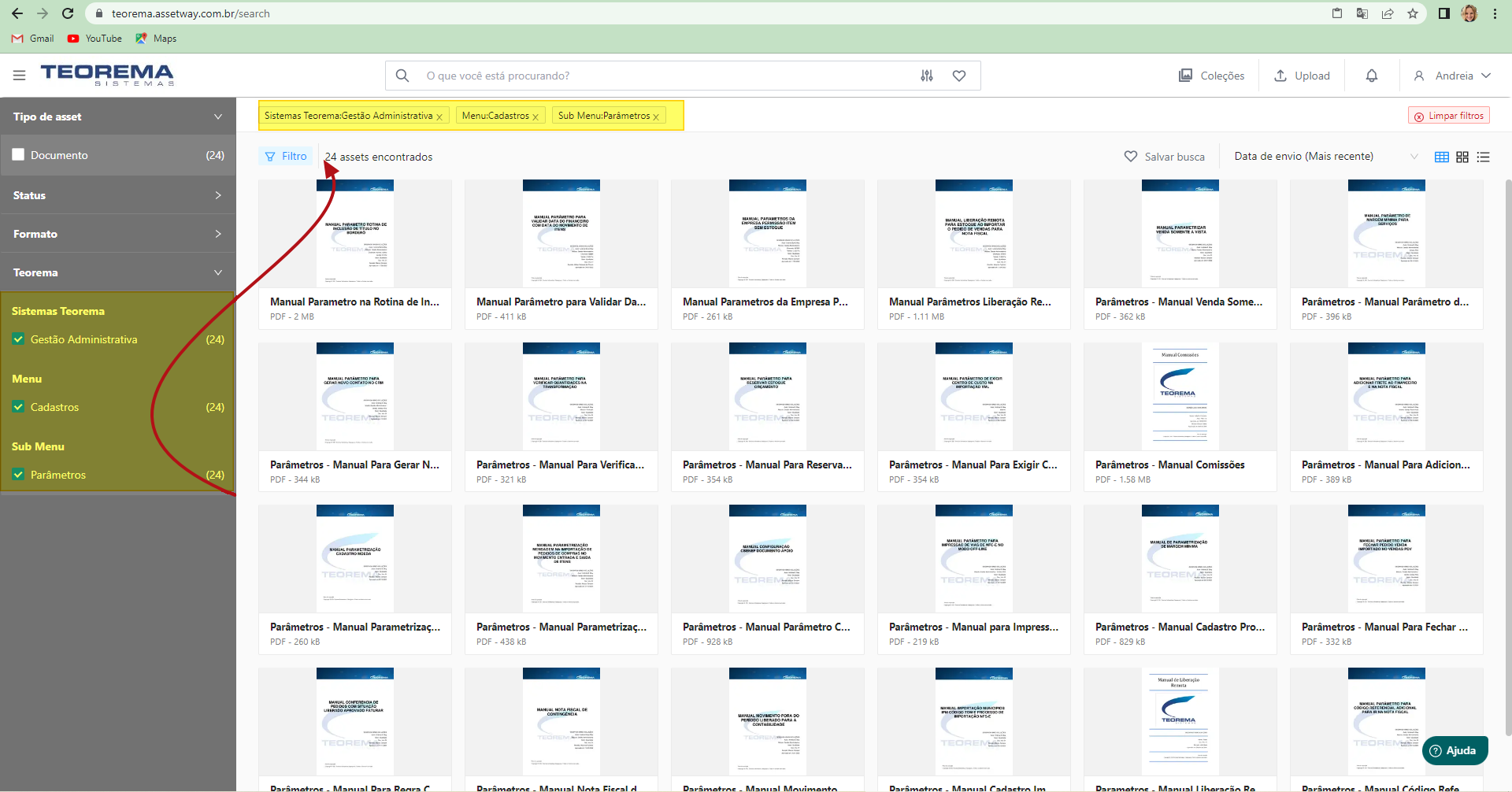 Filtros com módulo, menu e submenu "Parâmetros" selecionados, resultados filtrados na grade