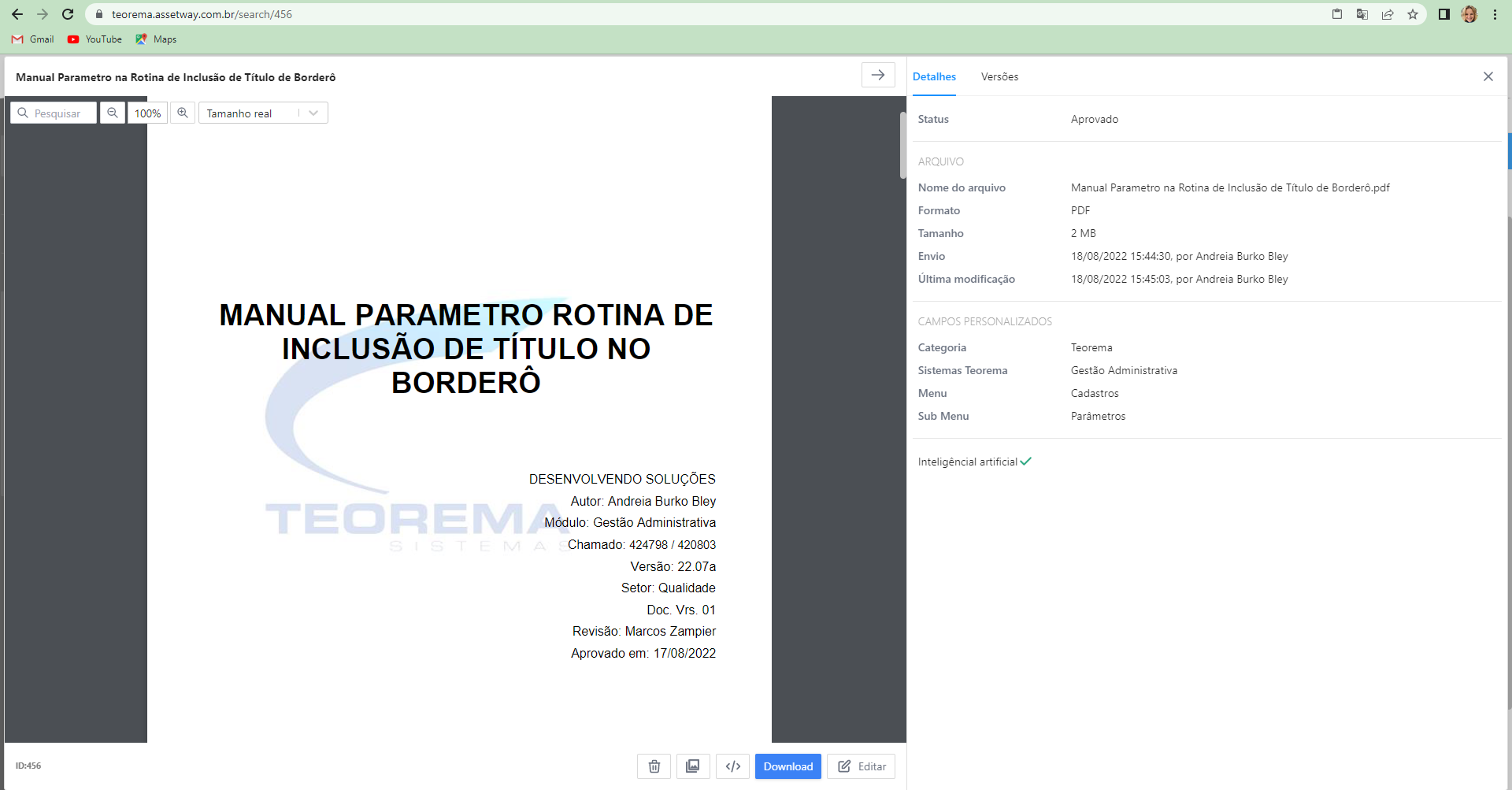 Visualizador do manual aberto com painel de detalhes à direita exibindo status Aprovado e campos personalizados