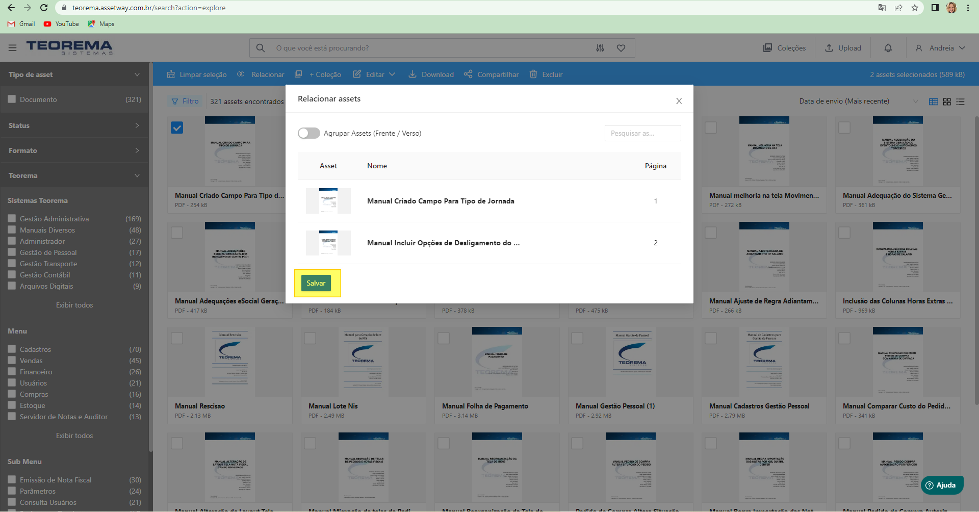 Modal "Relacionar assets" com dois manuais listados e botão Relacionar