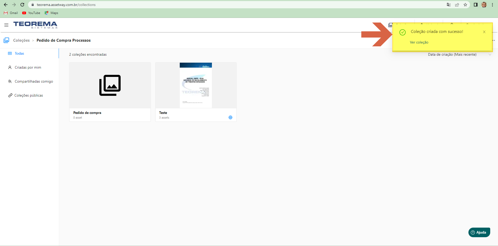 Página Coleções com notificação "Coleção criada com sucesso! Ver coleção" exibida