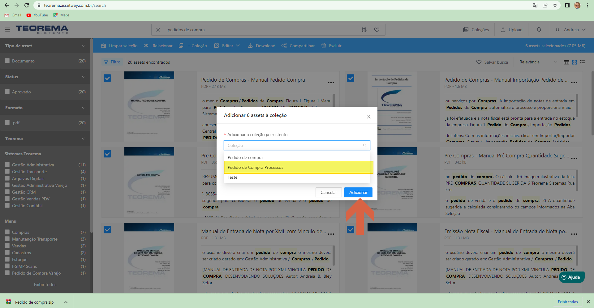 Modal "Adicionar o asset à coleção" com lista de coleções disponíveis e botão Adicionar