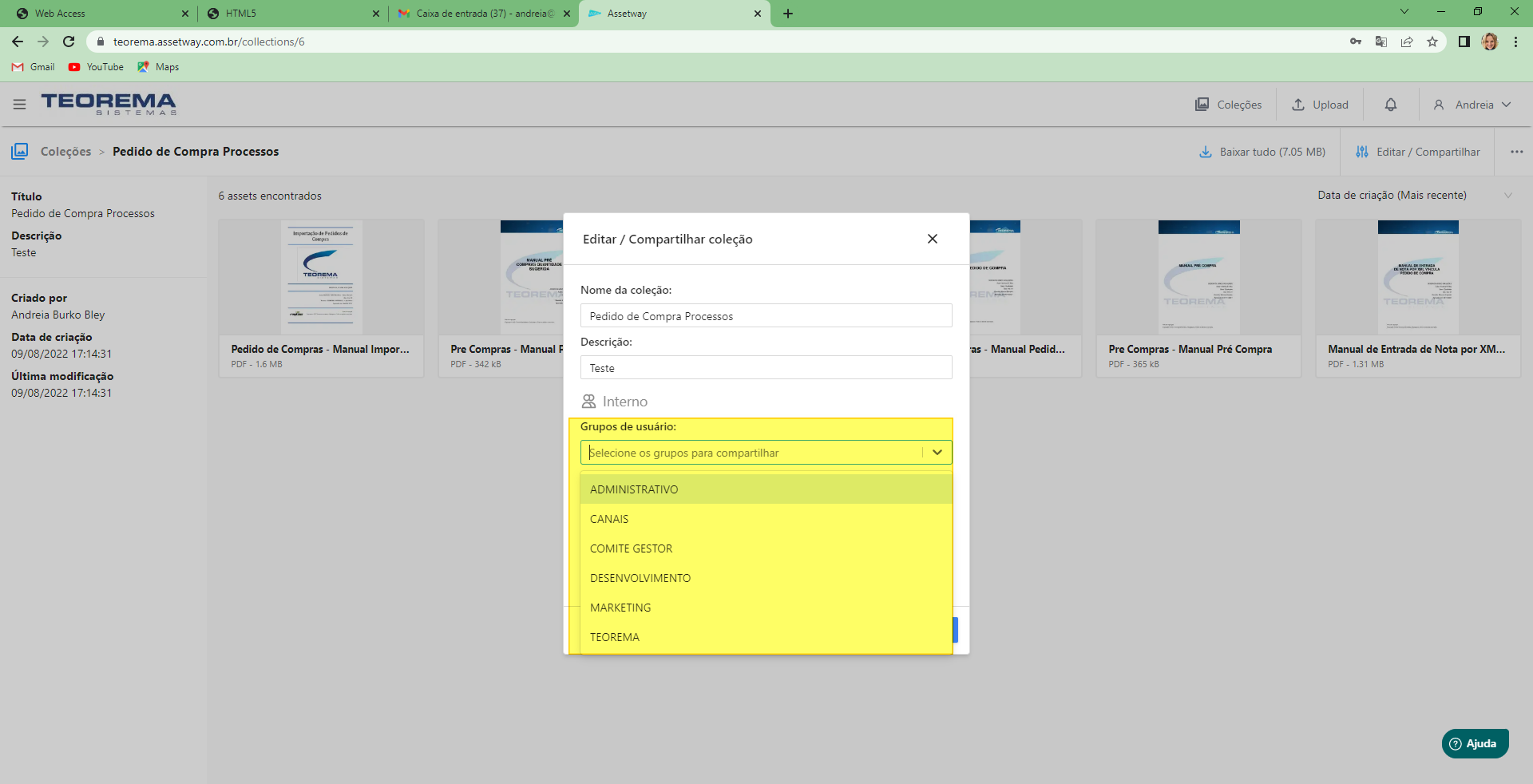 Modal com dropdown "Grupos de usuário" aberto exibindo as opções ADMINISTRATIVO, CANAIS, COMITE GESTOR, DESENVOLVIMENTO, MARKETING e TEOREMA