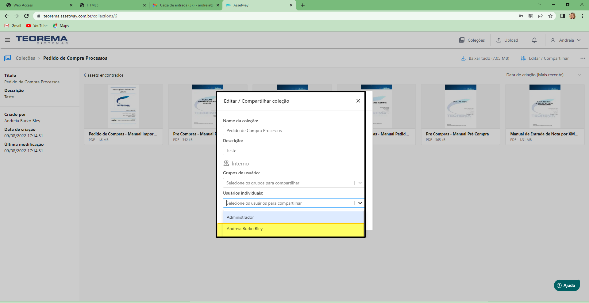 Modal com dropdown "Usuários individuais" aberto exibindo os usuários Administrador e Andreia Burko Bley