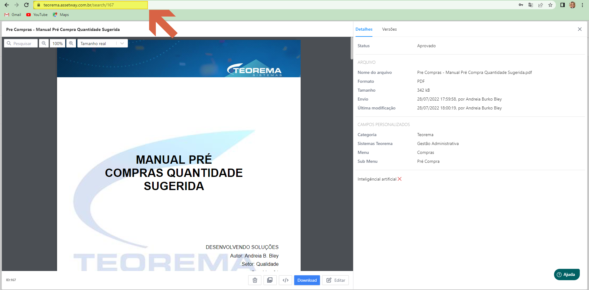 Visualizador do manual "Pre Compras - Manual Pré Compra Quantidade Sugerida" aberto com a URL do manual destacada na barra de endereços
