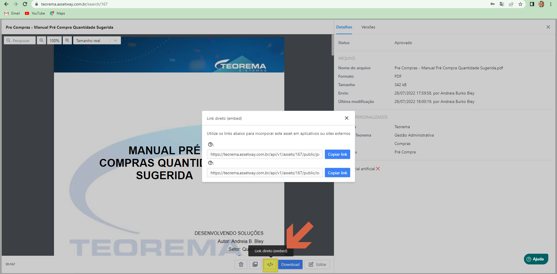 Modal "Link shares" com dois links de compartilhamento exibidos e botões Copiar para cada um