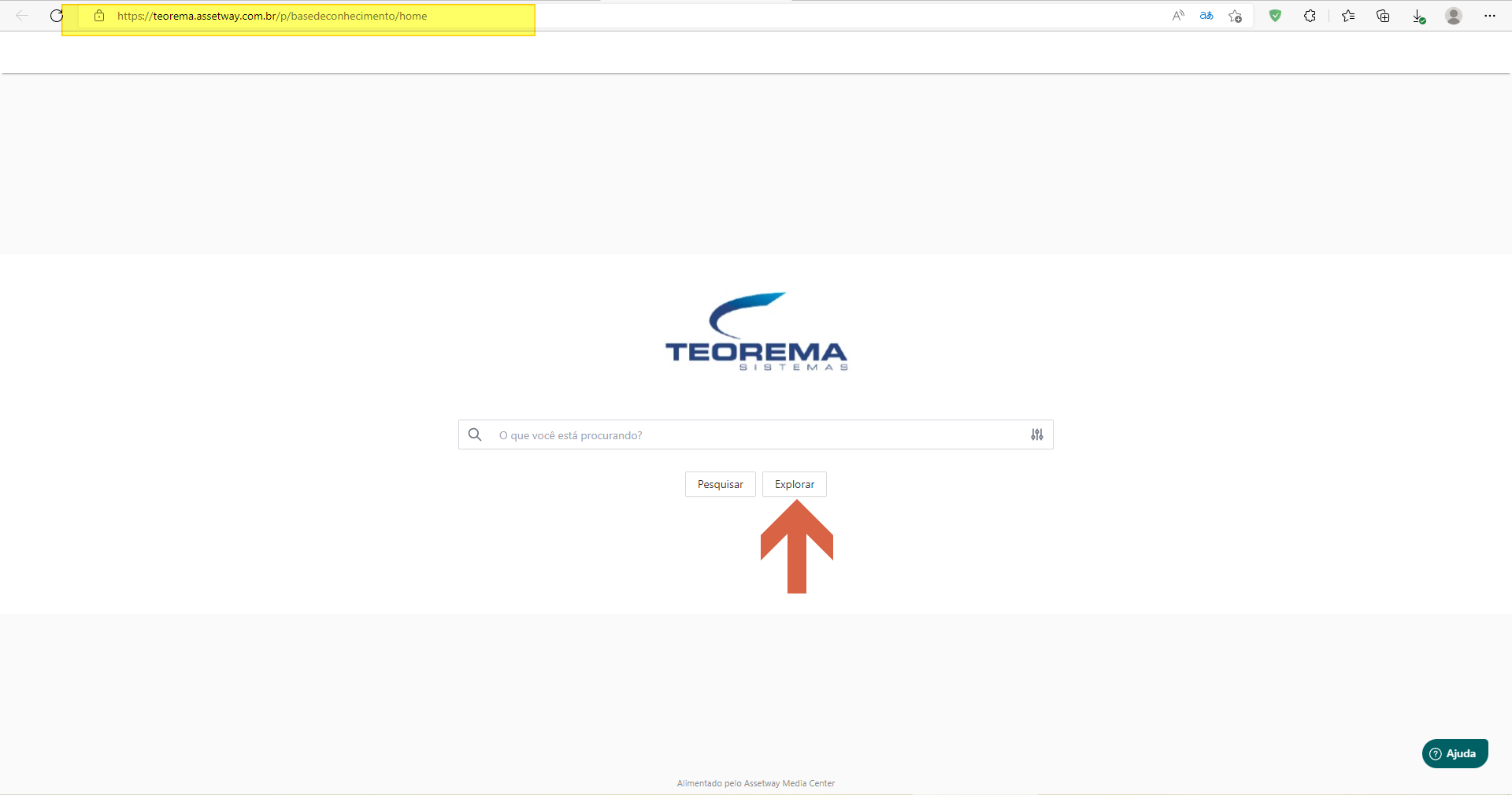 Página pública da base de conhecimento acessada pelo link https://teorema.assetway.com.br/p/basedeconhecimento/home com campo de busca e botões Pesquisar e Explorar