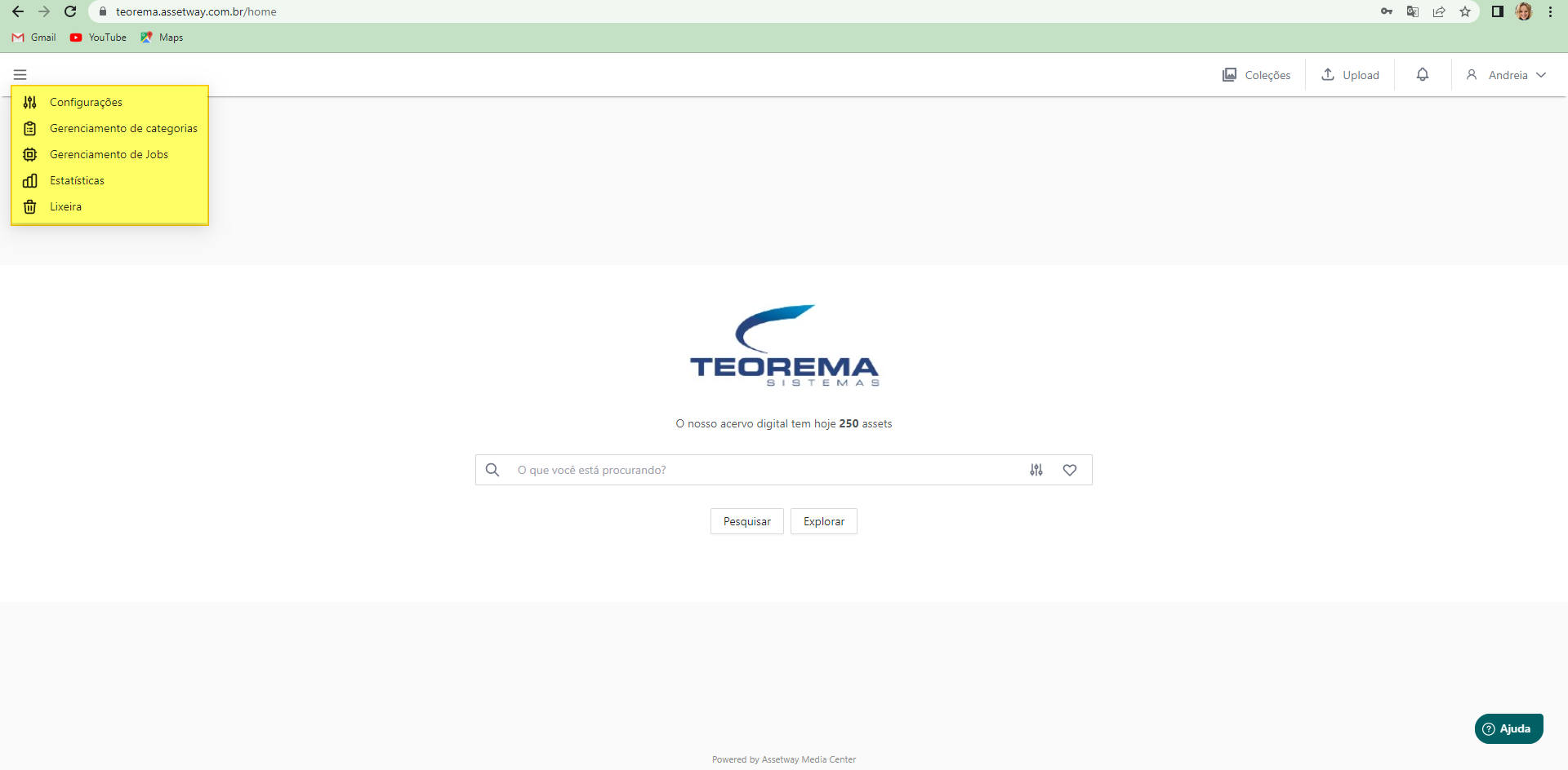 Menu lateral expandido do Teorema Assetway exibindo as opções Configurações, Gerenciamento de categorias, Gerenciamento de Jobs, Estatísticas e Lixeira
