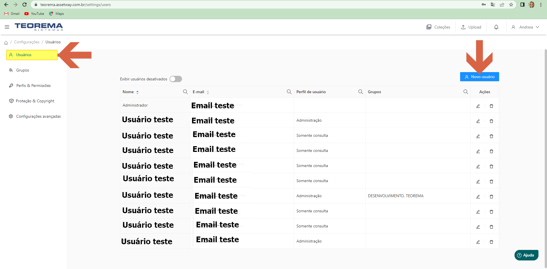 Tela Configurações > Usuários com lista de usuários cadastrados e botão Novo usuário em destaque