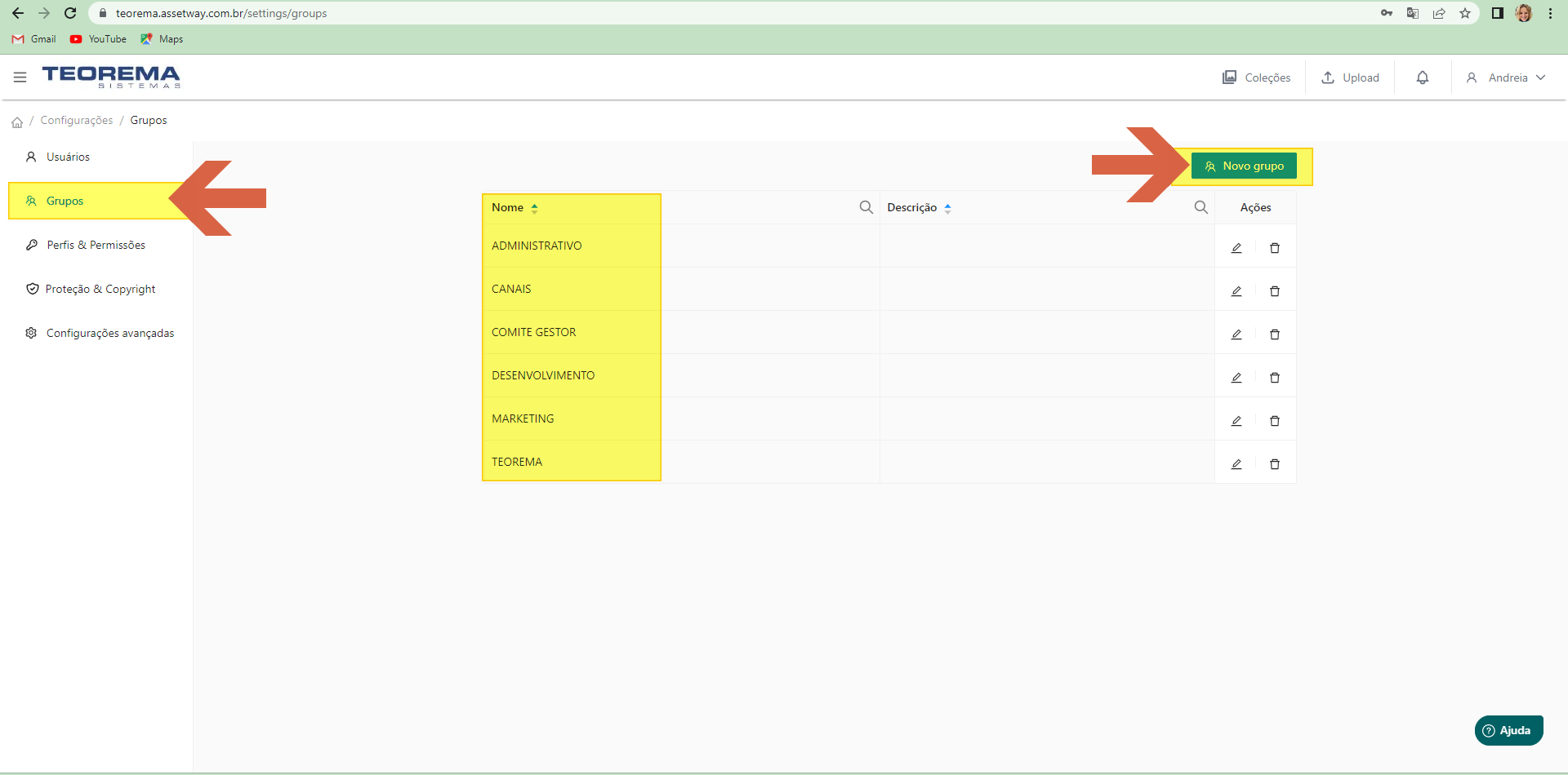 Tela Configurações > Grupos com lista de grupos existentes e botão Novo grupo em destaque