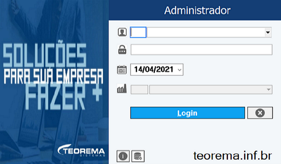 Tela de login do módulo Administrador com campos de usuário, senha, data e empresa, e botão Login