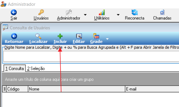 Tela Consulta de Usuários com barra de ferramentas contendo os botões Retornar, Localizar, Incluir, Editar e Grade, e grade de resultados com colunas Código, Nome e E-mail
