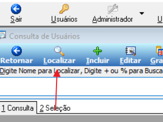 Tela Consulta de Usuários com barra de ferramentas mostrando os botões Retornar, Localizar, Incluir, Editar e Grade, e as abas 1 Consulta e 2 Seleção