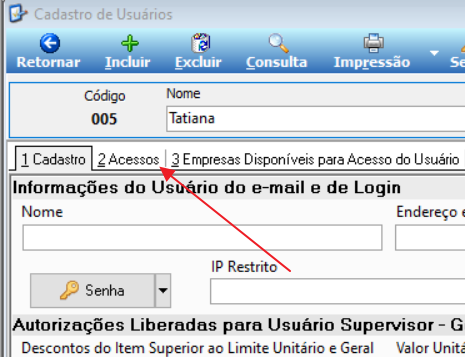Seções de autorizações do cadastro de usuário: Autorizações Liberadas para Usuário Supervisor - Geral, Outras e Financeiro, com campos como Descontos do Item Superior ao Limite Unitário e Geral, Acesso ao Caixa, Operação / DesLiberação de Pedidos já Faturado e outros, todos definidos como Não