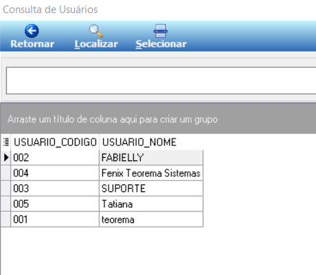 Tela Consulta de Usuários com botões Retornar, Localizar e Selecionar, e lista de usuários com colunas USUARIO_CODIGO e USUARIO_NOME