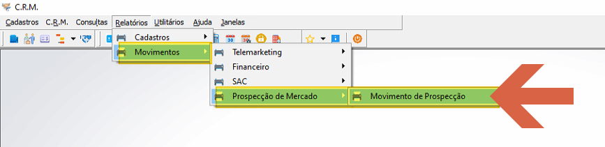 Menu Relatórios expandido mostrando o caminho Movimentos > Prospecção de Mercado > Movimento de Prospecção com seta indicadora