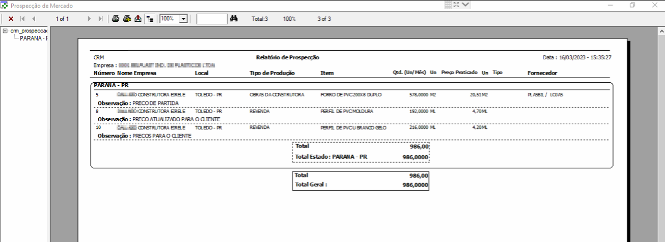 Relatório de Prospecção com registros agrupados por PARANÁ - PR, exibindo itens Forro de PVC200x8 Duplo, Perfil de PVC Moldura Duplo e Perfil de PVCU Branco Gelo com quantidades, preços praticados, fornecedores e observações; Total Geral 986,00
