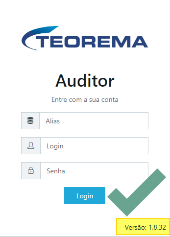 Tela de login do Teorema Auditor com campos Alias, Login e Senha e botão Login; rodapé exibe Versão: 1.8.32