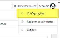 Menu do usuário expandido com as opções Configurações, Registro de atividades e Logout