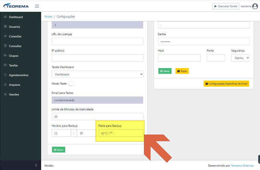 Tela de Configurações do Teorema Auditor com campos Horário para Backup (11:30) e Pasta para Backup em destaque, e botão Salvar