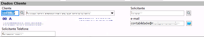 Seção Dados Cliente com campos Cliente, Solicitante, e-mail e Solicitante Telefone preenchidos