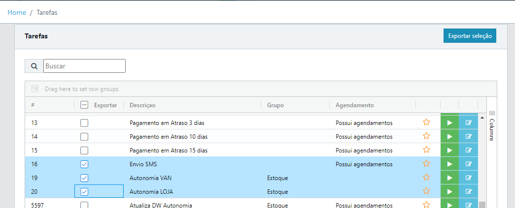 Lista de Tarefas com colunas #, Exportar, Descrição, Grupo e Agendamento; tarefas 16, 19 e 20 selecionadas; botão Exportar seleção no canto superior direito