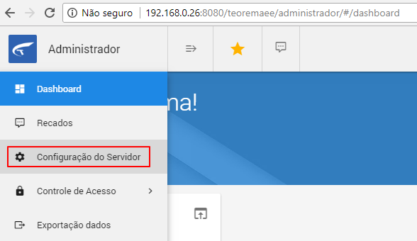 Menu lateral do módulo Administrador com a opção "Configuração do Servidor" destacada