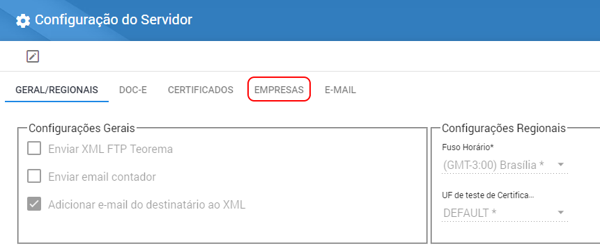 Tela Configuração do Servidor com abas GERAL/REGIONAIS, DOC-E, CERTIFICADOS, EMPRESAS e E-MAIL; aba EMPRESAS destacada