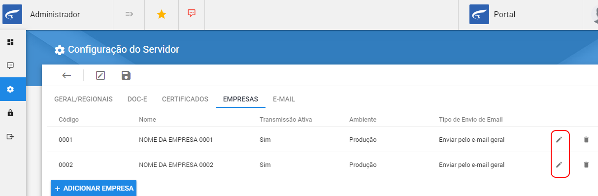 Tela Configuração do Servidor na aba EMPRESAS em modo de edição; ícones de lápis destacados na coluna de ações de cada linha de empresa