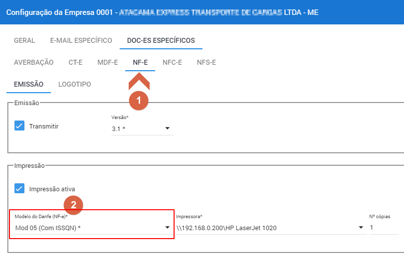 Tela Configuração da Empresa na aba DOC-ES ESPECÍFICOS > NF-e > EMISSÃO; opção "Impressão ativa" marcada; campo "Modelo do Danfe (NF-e)" com valor selecionado; campo Impressora e Nº cópias visíveis