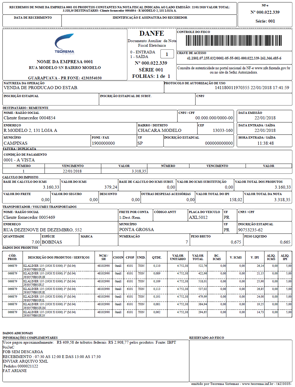DANFE Modelo 03 Logo Horizontal: logomarca do emitente posicionada horizontalmente no cabeçalho