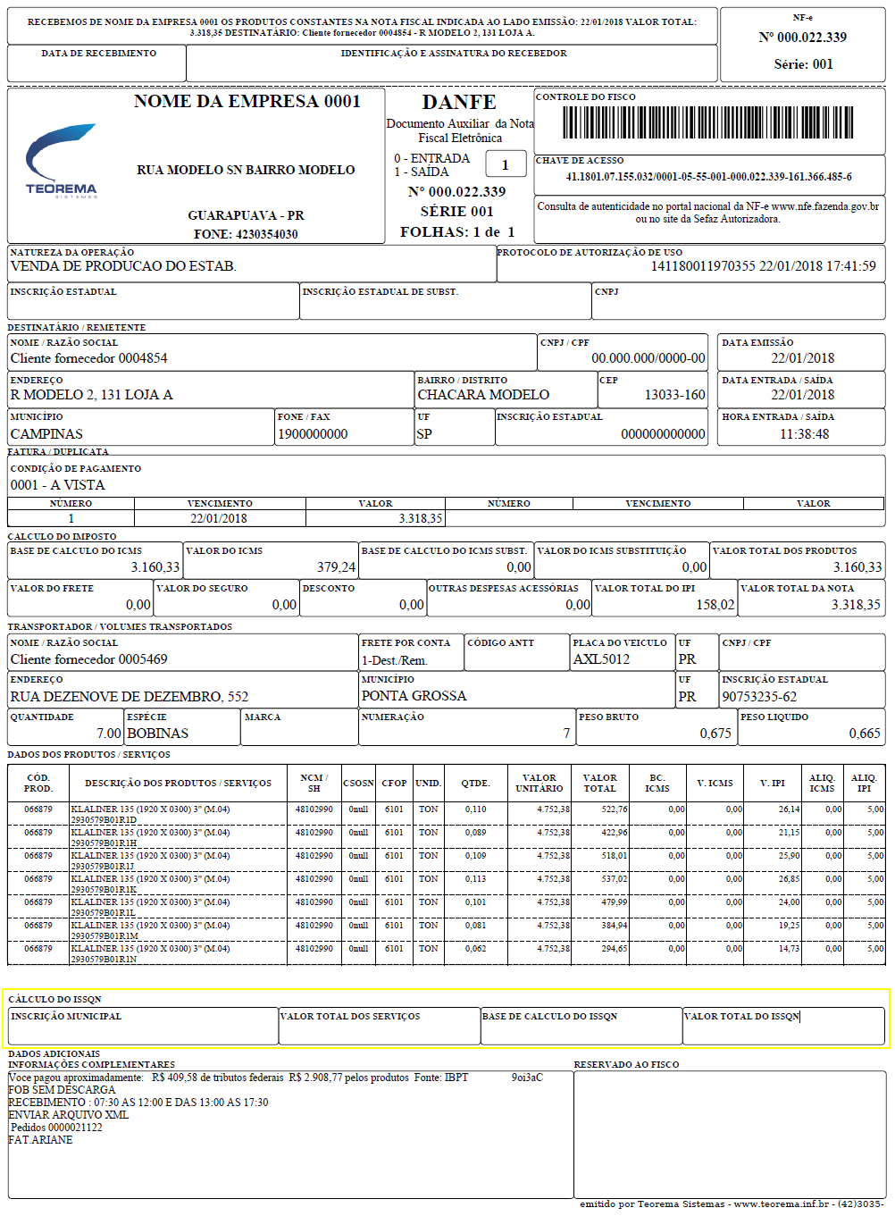 DANFE Modelo 05 Com ISSQN: layout com seção dedicada ao Imposto Sobre Serviços de Qualquer Natureza