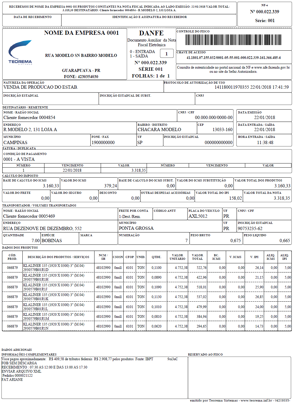 DANFE Modelo 06 Fonte Produto Maior: layout com tipografia ampliada na tabela de produtos